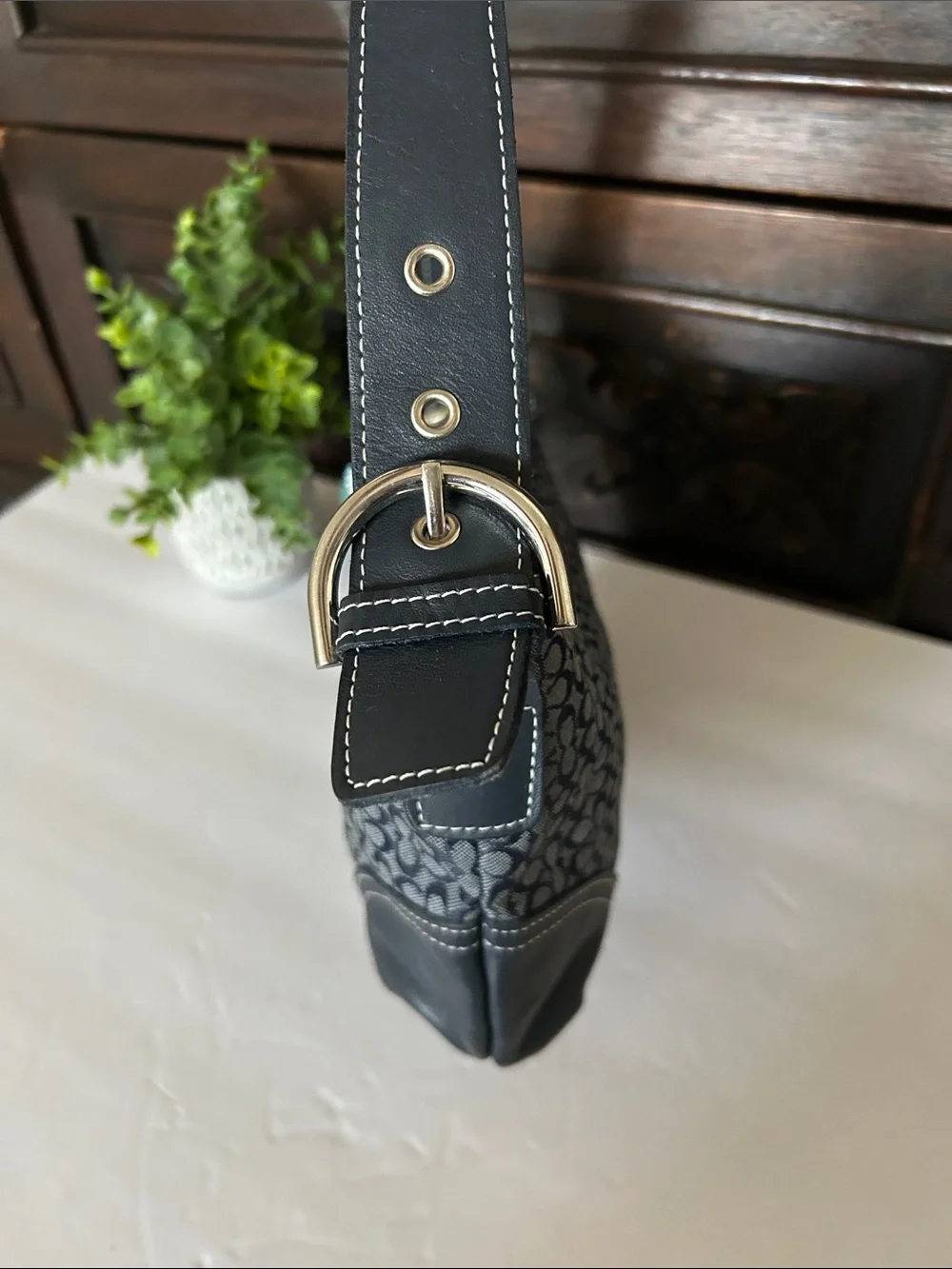 Beautiful Navy Signature Canvas Hobo with Leather Trim